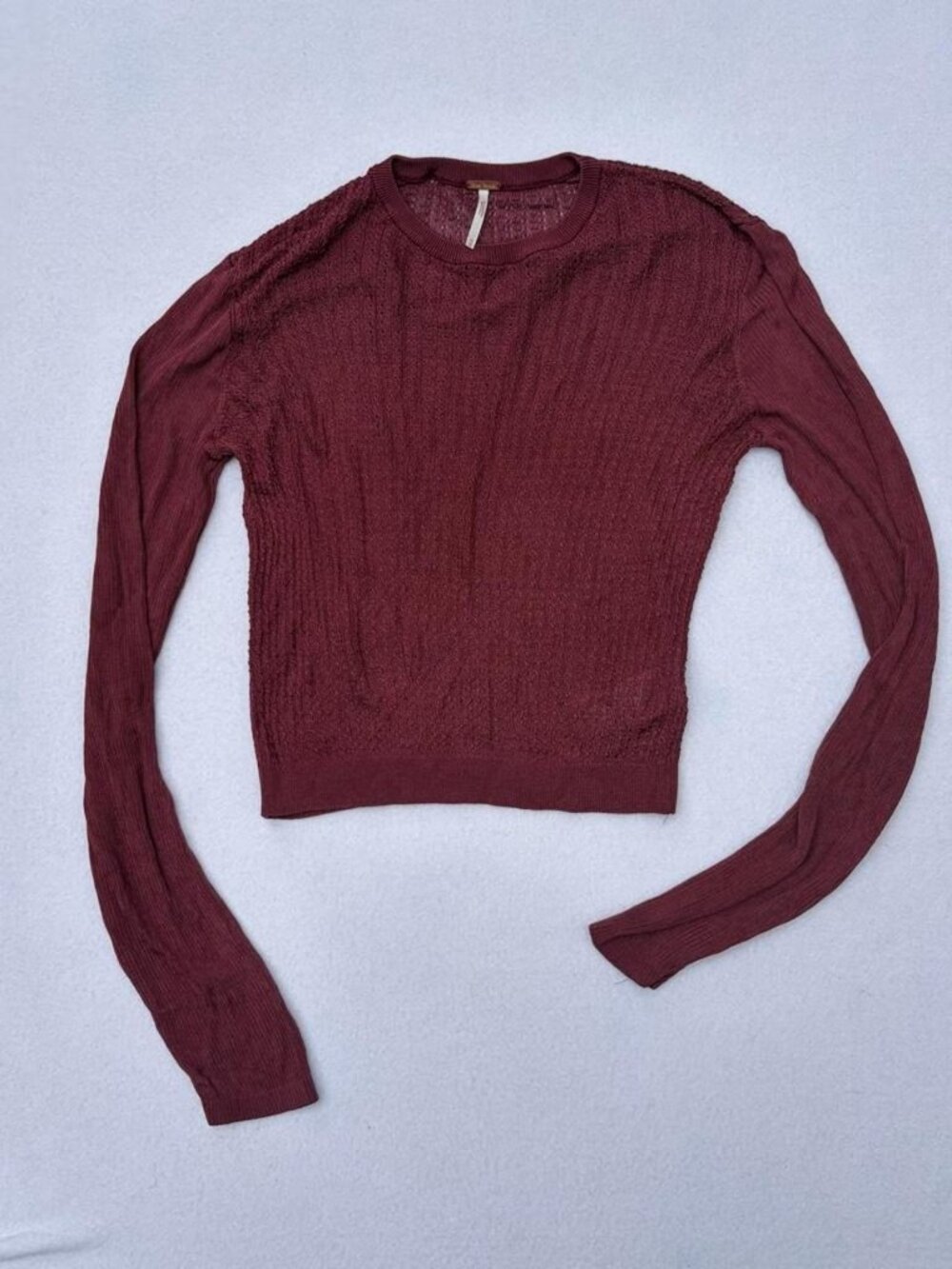 Free People H2O Garnet Red Lightweight Knit Crew Sweater Sz M Boho Bohemian Fall